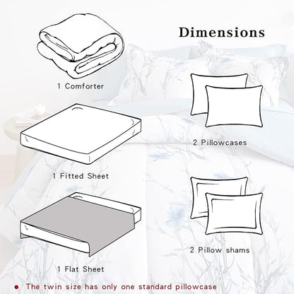 7 Piece Bed in a Bag Queen Comforter Set with Sheets, Blue Flower Branch on White Botanical Bedding Sets for All Season (1 Comforter, 2 Pillow Shams, 1 Flat Sheet, 1 Fitted Sheet, 2 Pillowcases)