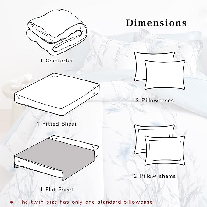 7 Pieces Bed in a Bag King Comforter Set with Sheets, Blue Flower Branch on White Botanical Bedding Sets for All Season (1 Comforter, 2 Pillow Shams, 1 Flat Sheet, 1 Fitted Sheet, 2 Pillowcases)