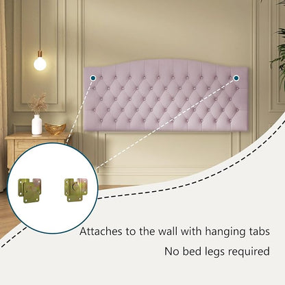 Furpopup Velvet Queen Size Headboard Only, Upholstered Wall Mount, Pink | 2 ways to use:Wall-mounted (for adjustable bed) and bed frame mounted, Easy to assemble, Classic button design headboard