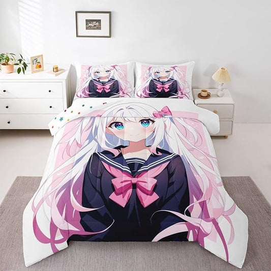 Erosebridal Kawaii Japanese Anime Girl & Boy Cartoon Bedding Set - 3D Style Comforter Sets - Sailor Suit Uniform Design Duvet Insert - King Size