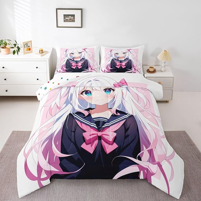 Erosebridal Kawaii Japanese Girl Comforter Set Cartoon Anime Gifts Bedding for Kids Boys Girls 3D Japanese Style Bedding Comforters & Sets Sailor Suit Uniform Girl Design Duvet Set Queen Size