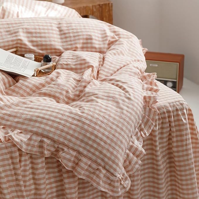 mixinni Vintage Pink Gingham Ruffle Comforter Set 3-Piece Washed Cotton Queen Size Grid Bedding Set with Geometric Checkered Pattern, Farmhouse Chic Soft Fluffy Comforter for All-Season