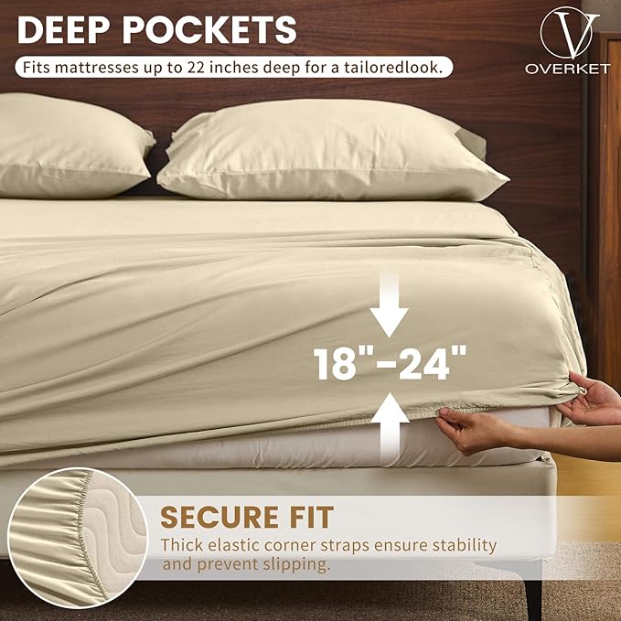 100% Linen Sheet Set Queen Size Extra Deep Pocket Fits 18-24 Inch Mattress, Breathable & Soft, Smooth 4-Piece Set for Thick Mattresses Hotel Luxury Bedding（Queen, Brown Taupe）