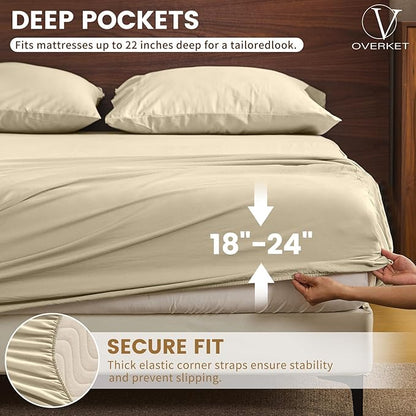 100% Linen Sheet Set Queen Size Extra Deep Pocket Fits 18-24 Inch Mattress, Breathable & Soft, Smooth 4-Piece Set for Thick Mattresses Hotel Luxury Bedding（Queen, Brown Taupe）