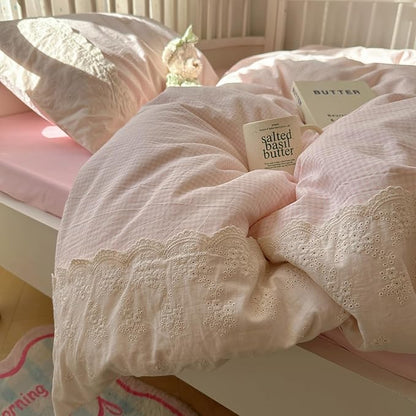HighBuy Full Size Comforter Set Pink Gingham Bedding Set with Lace Ruffles, 3 Pieces Plaid Comforter Set for All Season,Modern Chic Plaid Checkered Pattern Farmhouse Gird Breathable Fluffy