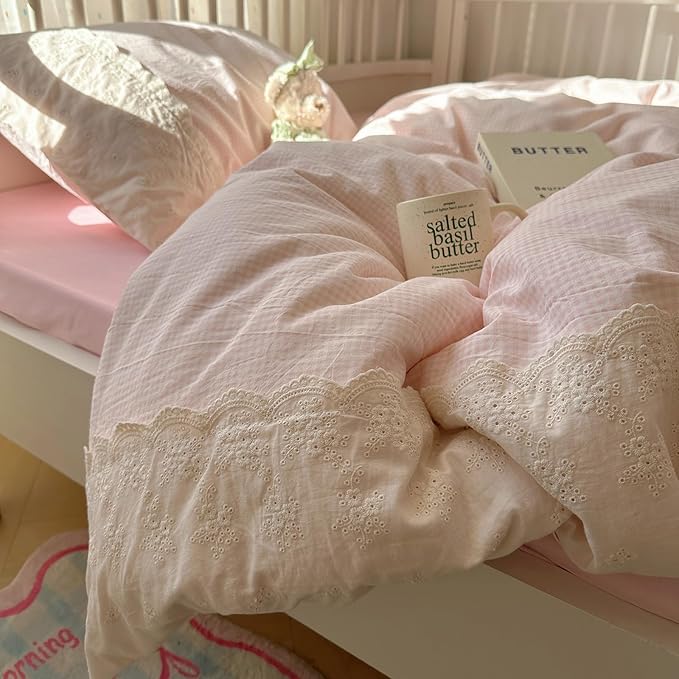 HighBuy King Comforter Set Pink Grid Gingham Comforter Set,3 Piece Modern Style Grid Plaid Comforter Set with Lace Ruffle Fluffy Soft Lightweight Plaid Gingham Bedding Set Fluffy Checkered