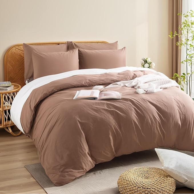 NEXHOME PRO Duvet Cover Set 100% Washed Cotton Oversized King 120"x98" Linen Feel Textured Organic Natural 3 Pieces Bedding Set Mocha Brown with Zipper Closure, Breathable(No Comforter)