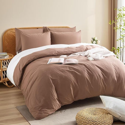 NEXHOME PRO Duvet Cover Set 100% Washed Cotton Oversized Queen 98"x98", Organic Natural Linen Look Textured 3 Pieces Bedding Set Mocha with Zipper Closure, Soft (No Comforter)