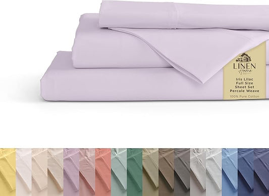 Linen Home 100% Cotton Percale Sheets Queen, 16" Deep Pocket - 4Pc Set, Crisp Cool Breathable Bed Linen, Made in Green, Iris Lilac