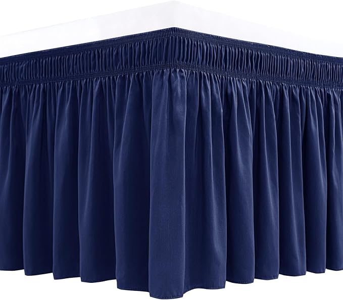 Biscaynebay Wrap Around Bed Skirts for Queen Beds 14" Drop, Navy Adjustable Elastic Dust Ruffles Easy Fit Wrinkle & Fade Resistant Silky Luxurious Fabric Solid Machine Washable