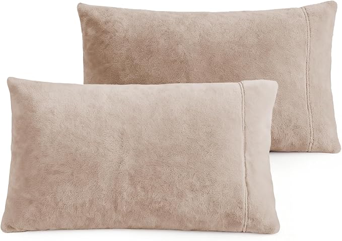 Velvet Queen Pillowcases Standard Size of 2 Pack, Ultra Soft Breathable Pillow Cases with Flap Closure for Bed, Luxury Fuzzy Warm Flannel Velvet Pillow Covers, No Insert (Queen 20x30, Taupe)