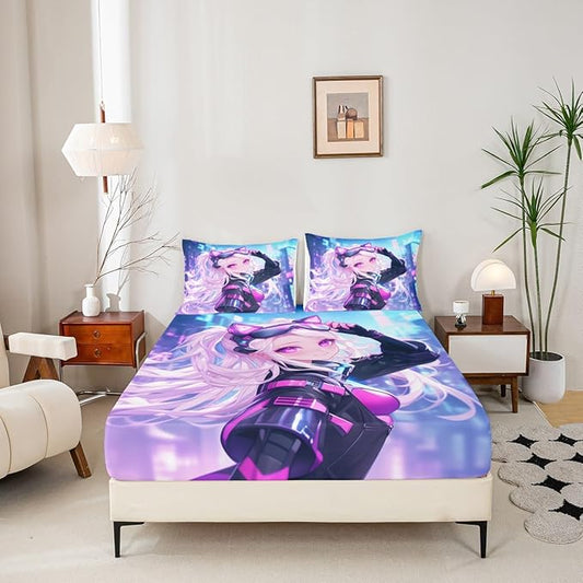 Erosebridal Girls Japanese Anime Fitted Sheet Twin, Kawaii Anime Girl Bed Sheets Cartoon Girl Bedding Set for Kids Teens Adult Women, Japanese Animation Sci Fi Style Sheets,Blue Purple