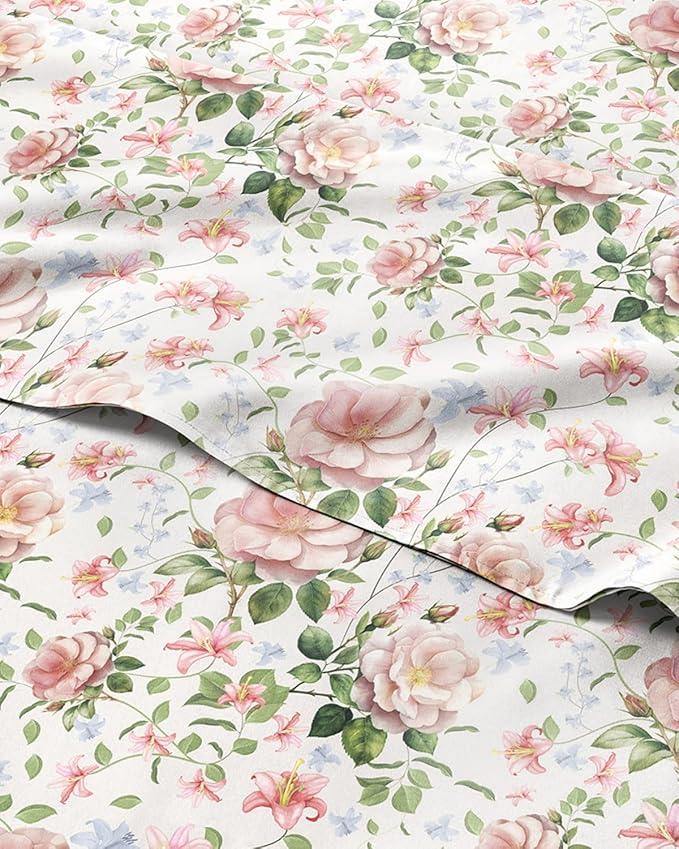 Floral Sheets - Pink Floral Rose Bed Sheet Set - 1 Flat, 1 Fitted & 2 Pillowcases w/ Deep Pockets - Comfy, Wrinkle & Fade Free Boho Botanical Bedding - Ultra-Soft, Breathable & Cooling - Full Size New