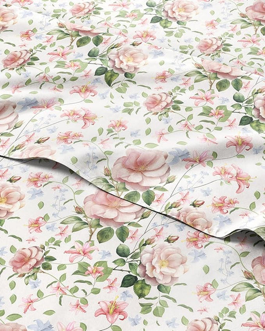 CGK Unlimited Floral Sheets - Pink Floral Rose Bed Sheet Set - 1 Flat, 1 Fitted & 2 Pillowcases w/Deep Pockets - Wrinkle & Fade Free - Boho Botanical Bedding - Ultra-Soft, Breathable and Cooling
