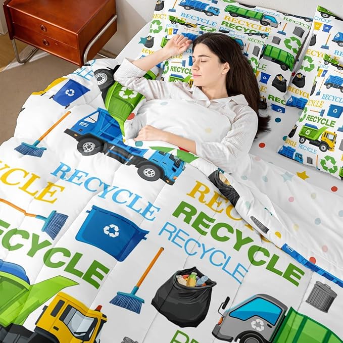 Castle Fairy Garbage Truck Full Size Comforter Set Cartoon Car Vehicle Trash Can Bedding Sets Recycling Trucks Decor All Season Comforter,Flat Sheet,Fitted Sheet,2 Pillowcases,2 Pillow Covers,7 Pcs