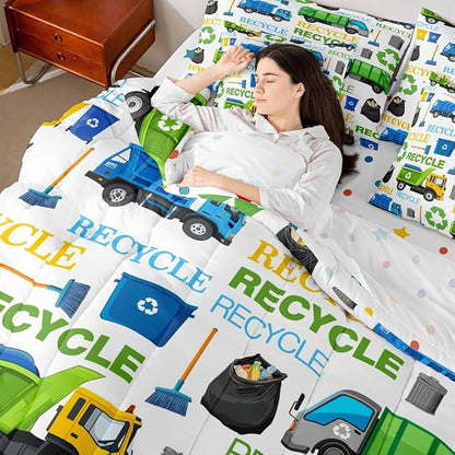 7 Pcs Garbage Truck Queen Size Bedding Sets Recycling Trucks Decor Comforter Set Cartoon Car Vehicle Trash Can Bed in a Bag with Comforter,Flat Sheet,Fitted Sheet,2 Pillowcases,2 Pillow Covers
