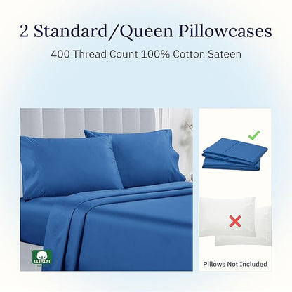 California Design Den Standard/Queen Pillow Cases Set of 2-400 Thread Count Sateen, Natural 100% Cotton Pillowcases Standard, Soft, Roomy and Breathable - Cobalt Blue
