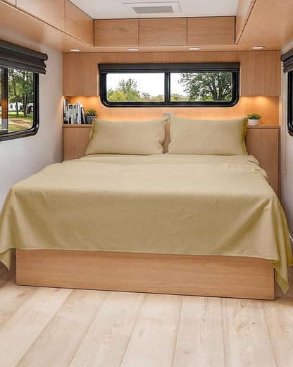 RV Short Queen Sheet Set 60 X 75 - 4 Piece RV Short Queen Bed Sheets - Soft, Breathable & Cooling - Designed for Bunks, Trailers & Campers - Fits 8” to 12" Mattress - Luxury Bedding - Heathered Tan