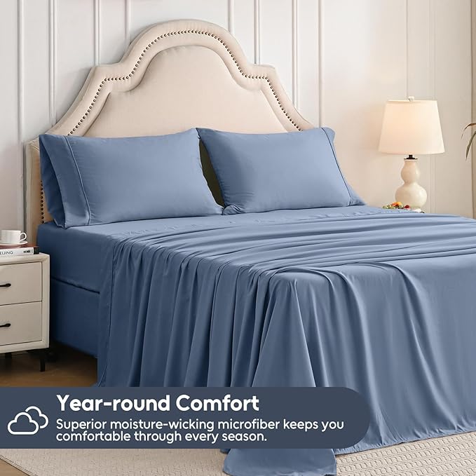 Full Size Bed Sheets Set, 4 Pieces Hotel Luxury Soft Microfiber Bed Sheets Set, Up to 16" Deep Pockets, Oeko-Tex Sheets with Elastic, Breathable, Wrinkle Free (Grey Blue, Full)