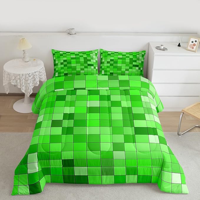 Geometric GridComforter Set King Size,Patchwork Square Video Games Kids Bedding Set,Gradient Gaming Quilt Comforter,Green Duvet Insert,2 Pillowcases