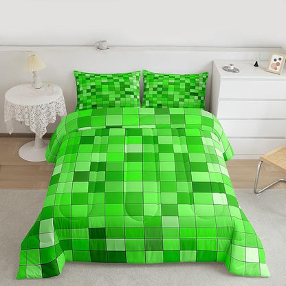 Manfei Geometric Grid Kids Comforter Set Full Size,Patchwork Square Video Games Bedding Set,Boys Room Decor,Gradient Gaming Quilt Comforter,Green Duvet Set Bedroom Quilt Set,2 Pillowcases