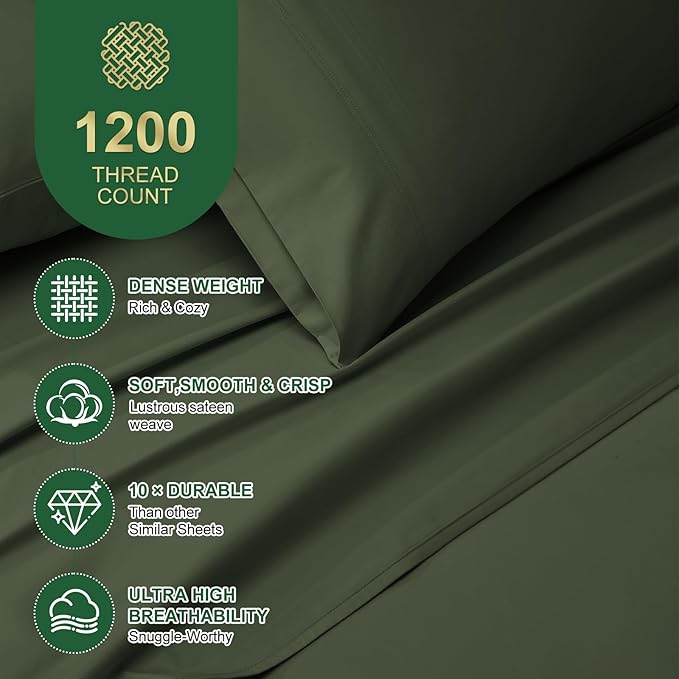Ivellow 100% Egyptian Cotton Sheets King Size Set - 1200 Thread Count 6 PC 18" Deep Pocket King Size Bed Sheet Set，Durable Hotel Quality Luxury Soft Breathable Dark Green Cooling Sheet Sets Bedding