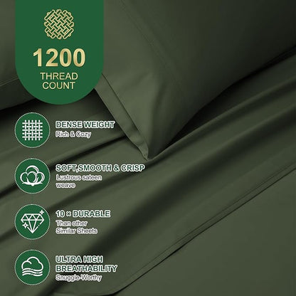 Ivellow 100% Egyptian Cotton Sheets King Size Set - 1200 Thread Count 6 PC 18" Deep Pocket King Size Bed Sheet Set，Durable Hotel Quality Luxury Soft Breathable Dark Green Cooling Sheet Sets Bedding
