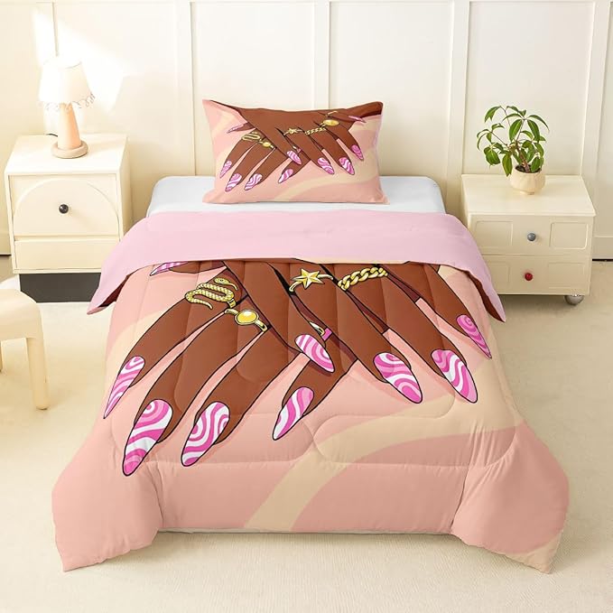 Erosebridal Romantic Makeup Themed Comforter Set Toddler Size for Girls Fashion Girlish Quilt Black Girls Bedding Set for Kids Teens Adult Women Bedroom Afro Vogue Princess Magical Down Comforter