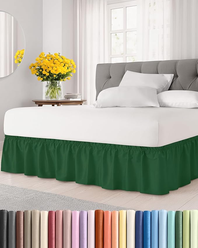 Wrap Around Dust Ruffle Bed Skirt - Emerald - for Queen Size Beds w/ 12 Inch Drop - Easy Fit Elastic Strap - Adjustable Pleated Bedskirt w/Brushed Fabric - Wrinkle Free - for Women, Men, Kids & Teens