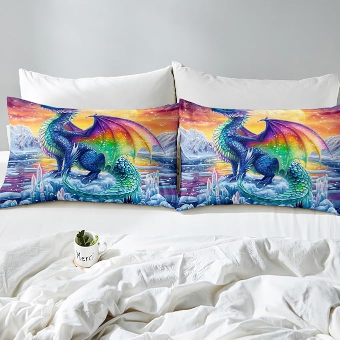 Feelyou Dragon Bedding Duvet Cover Set King Size 3D Dragon Theme Bedding Set for Kids Boys Decor Ancient Wildlife Dragon Deep Animal Scale Ice Comforter Cover Set Colorful Bedspread Cover,No Comforter