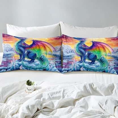Feelyou Dragon Bedding Duvet Cover Set Queen Size 3D Dragon Theme Bedding Set Boys Decor Ancient Wildlife Dragon Deep Animal Scale Ice Comforter Cover Set Colorful Bedspread Cover,No Comforter