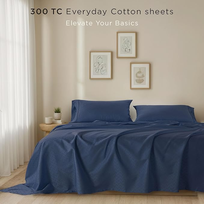 Threadmill Cotton Queen Sheet Set - 100% Cotton Damask Jacquard Sheets With 16" Deep Pocket - Soft Sateen Weave 4-Piece Cooling Bedding for Queen Size Bed - Folkstone Blue