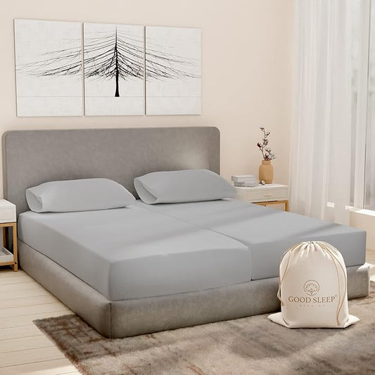 Good Sleep Bedding Split King Sheets, 100% Egyptian Cotton, Split King Sheets Sets for Adjustable Bed, Luxury Sateen Sheets, 5 Piece, Includes Twin XL Fitted Sheets - 16" Deep Pocket, Light Gray
