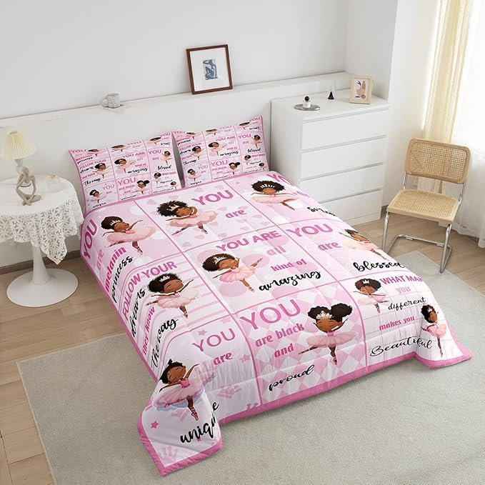 Castle Fairy Kawaii Girly Ballet Comforter Set King Size American Style Princess Bedding Set Bedroom Decor Motivational Quotes Quilt Set for Kids Girls Pink Artistic Dancer Duvet Insert 3Pcs