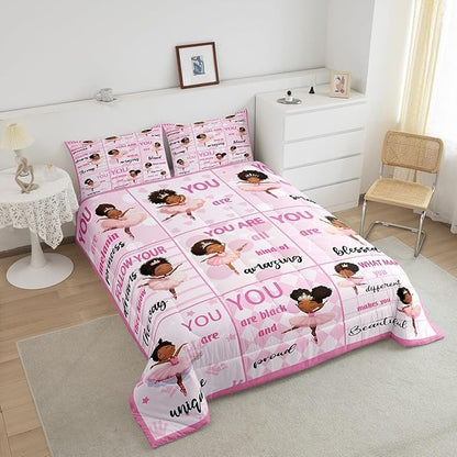 Castle Fairy Kawaii Girly Ballet Comforter Set King Size American Style Princess Bedding Set Bedroom Decor Motivational Quotes Quilt Set for Kids Girls Pink Artistic Dancer Duvet Insert 3Pcs