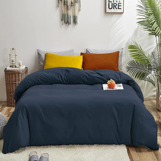 Luxlovery Navy Blue Comforter Set King Dark Blue Bedding Comforter Set Soft Breathable Quilts Breathable Cozy Comforter with 1 Yellow+1 Caramel Pillowcase for King Bed