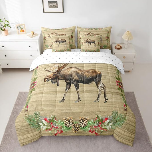 Moose Bed in a Bag King Size Comforter Set 7 Pieces,Woodland Animals Bedding Sets Reindeer Elk Deer Sheet Set with Comforter