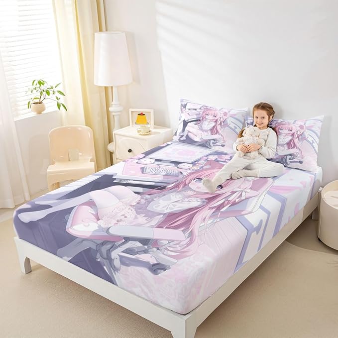 Erosebridal Kawaii E-Sports Girl Fitted Sheet Full 3D Japanese Girl Bed Sheets for Boys Girls Girly Gaming Bed Set Anime Gifts for Her Sheets with 2 Pillowcases