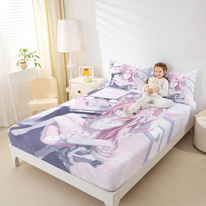 Erosebridal Kawaii E-Sports Girl Fitted Sheet Full 3D Japanese Girl Bed Sheets for Boys Girls Girly Gaming Bed Set Anime Gifts for Her Sheets with 2 Pillowcases