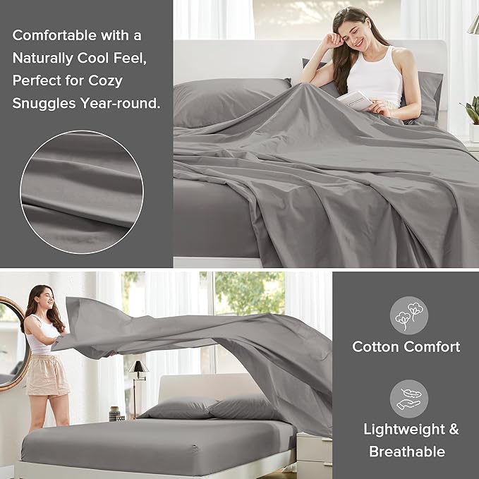Comfort Spaces 100% Cotton Sheets Full, Breathable & Ultra Soft Cotton Sheets, Naturally Cool Cotton Bed Sheets with 14" Elastic Pocket Fits up to 16" Mattress, All Season Sheet Set, Dark Gray 4 Piece