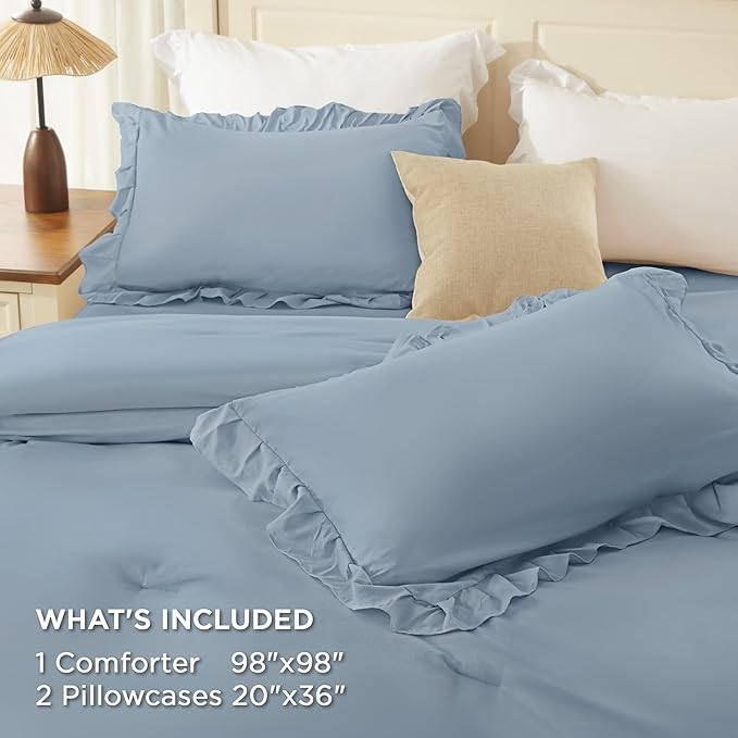 Andency Oversized Queen Ruffle Comforter Set, 3 Pieces Shabby Chic Farmhouse Bedding Set, Lightweight Soft Comforter Set 98x98 for Girls Women (1 Comforter 2 Pillowcases), Grayish Blue