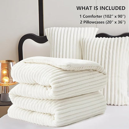 CozyLux Fluffy King Size Comforter Set - Super Soft Faux Fur Cream White Comforter King Size, Winter Warm Fleece Bedding Set, 3 Pieces Plush Fuzzy Bed Set (1 Shaggy Comforter, 2 Pillowcases)