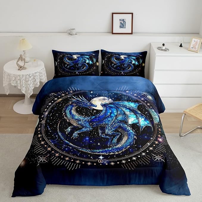 Feelyou Dragon Comforter Set Toddler Size Dragon Decor Duvet Set Luxury Bedding Set Blue Black Quilt Set
