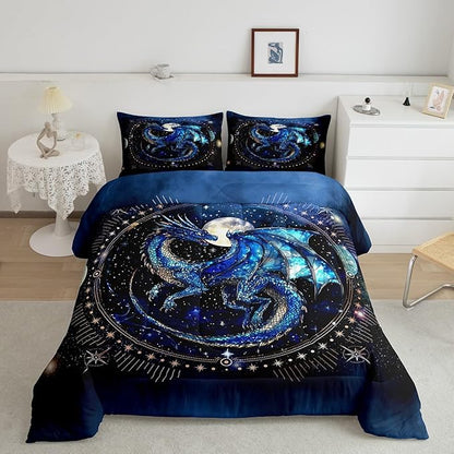 Feelyou Dragon Comforter Set King Size Dragon Stuff Comforter for Boys Girls Teens Luxury Bedding Set Dragon Decor Duvet Set Room Decor Blue Black Quilt Set