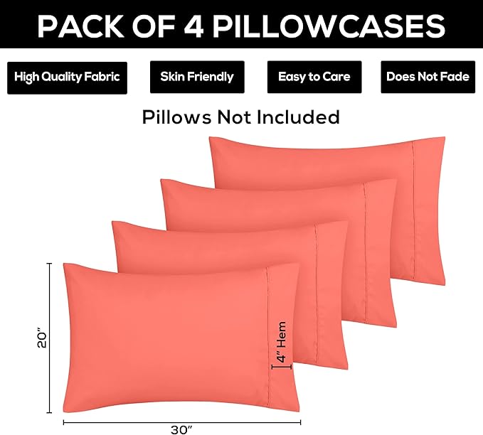 Utopia Bedding Queen Pillow Cases - 4 Pack - Envelope Closure - Soft Brushed Microfiber Fabric - Shrinkage and Fade Resistant Pillow Covers Queen Size 20 X 30 Inches (Queen, Coral)