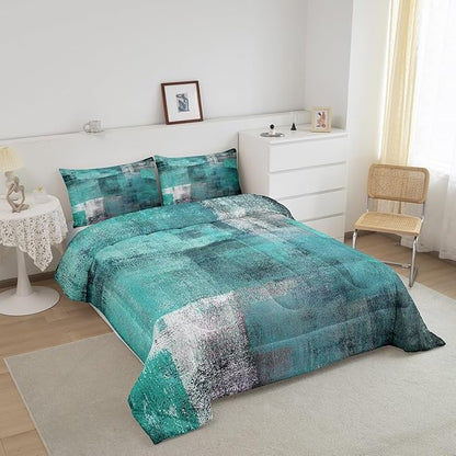 Erosebridal Teal Comforter Set for Kids Boys Girls,Mid Century Bedding Set King,Oil Painting Bedding Comforter Sets,Watercolor Ombre Abstract Art Duvet Insert with 2 Pillowcases Bedroom Decor