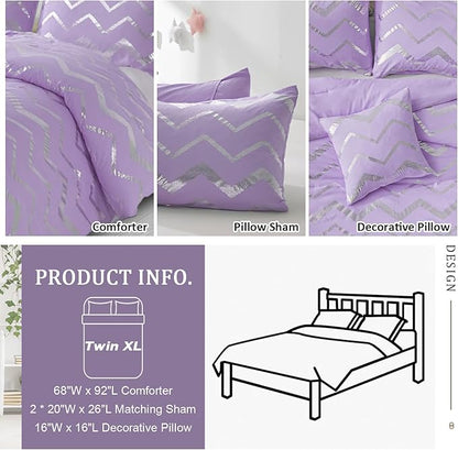 Menghomeus Purple/Silver Comforter Set Twin XL Lavender Metallic Print Glitter Bed Comforter Cute Shinny Bedding for Teen Girls Kids Women