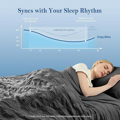 Cozy Bliss Cooling Comforter Seersucker Plaid King Size, Q-Max 0.45 Lightweight Cooling Blanket, Breathable Silk Smooth Summer Bedding Quilt for Hot Sleepers Night Sweats Gray
