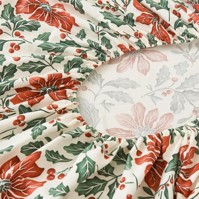DAUAOTO Cotton Holiday Sheets Set Twin Size Printed Bedding Sets, Up to 14" Deep Mattress, Bedlinen Set Christmas Flower Pattern