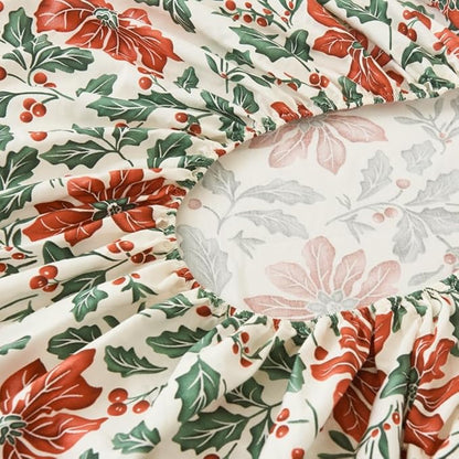 DAUAOTO Cotton Sheets Set Twin XL Holiday Printed Bedding Sets, Up to 14" Deep Mattress, Christmas Flower Pattern Bedlinen for Twin Extra Long Bed